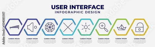 vector infographic design template with icons and 8 options or steps. infographic for user interface concept. included volume, low volume, spider web, close, birghtness, zoom, paper boat, unblocked.