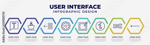 vector infographic design template with icons and 8 options or steps. infographic for user interface concept. included text box, conference hall, text out, wheels, external, information button,