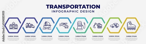 vector infographic design template with icons and 8 options or steps. infographic for transportation concept. included tramway, tanker, catamaran, helicopter profile, fuel dispenser, excavators,
