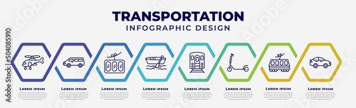 vector infographic design template with icons and 8 options or steps. infographic for transportation concept. included military helicopter, minivan, funicular railway, dugout canoe, , micro