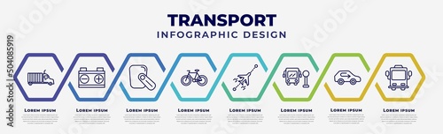 vector infographic design template with icons and 8 options or steps. infographic for transport concept. included trucking, workshop repair, hands free device, bicycle side view, flights, school bus