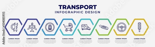 vector infographic design template with icons and 8 options or steps. infographic for transport concept. included repair, airplane pointing up, tram stop label, pram, carrier, bobsleigh, steering,