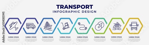 vector infographic design template with icons and 8 options or steps. infographic for transport concept. included light aircraft, school van, ferry, cart with boxes, way, transition, luxury yacht,