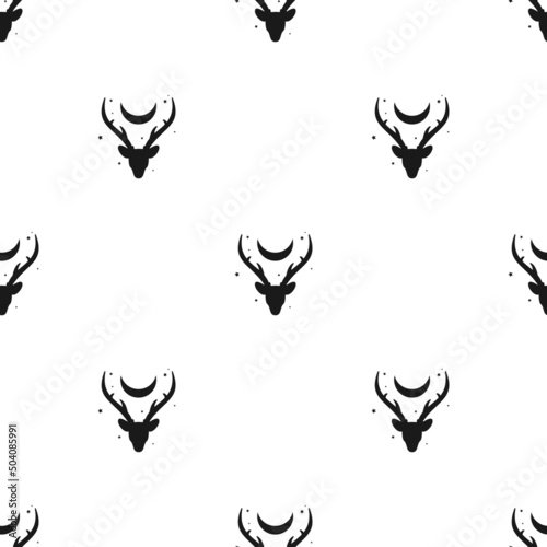 boho seamless pattern. Silhouette of deer head with antlers, crescent moon and stars. Magic, witchcraft, nature ornamentl. Ethnic vector print. Fantasy, fairy tale beast.