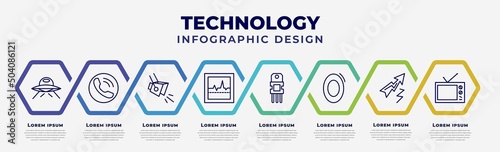 vector infographic design template with icons and 8 options or steps. infographic for technology concept. included science fiction, reciever, spotlights, electrocardiogram line, resistor, zero,