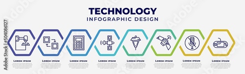 vector infographic design template with icons and 8 options or steps. infographic for technology concept. included 3d printers, mode, calculation, space satellite, lamp post, news via satellite, photo