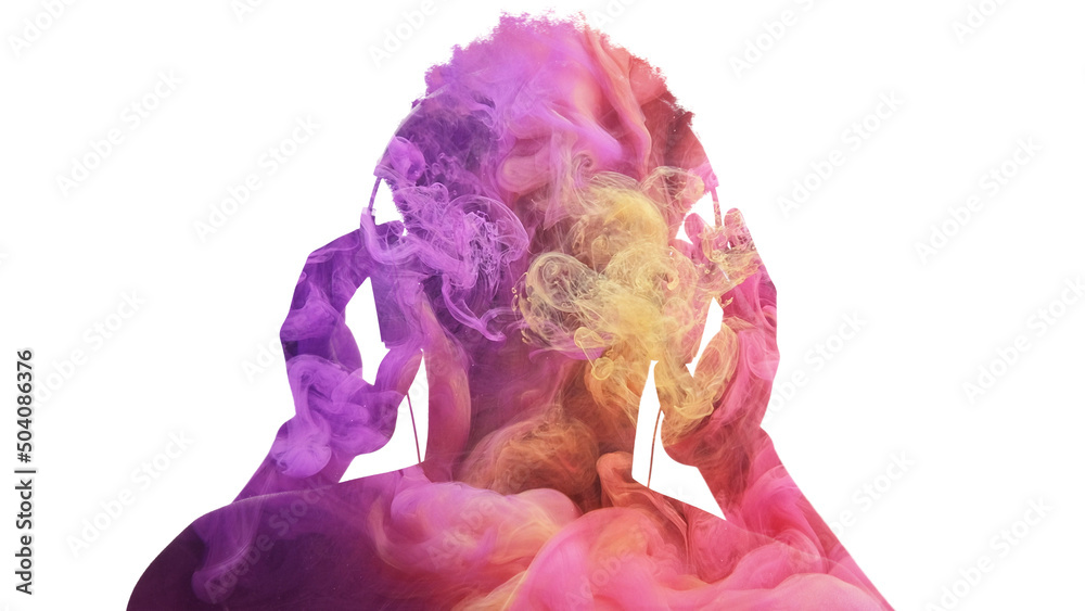 Sound inspiration. Creative music. Double exposure back view color male silhouette in headphones enjoying rhythm in pink yellow smoke cloud isolated on white. - obrazy, fototapety, plakaty 