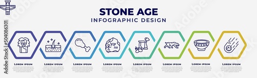 vector infographic design template with icons and 8 options or steps. infographic for stone age concept. included troglodyte, skin, chicken leg, rock art, dolmen, saber toothed tiger, plate,