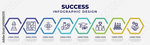 vector infographic design template with icons and 8 options or steps. infographic for success concept. included pawn, maze, vision, commission, mortarboard, pedestal, chess board, cooperation.