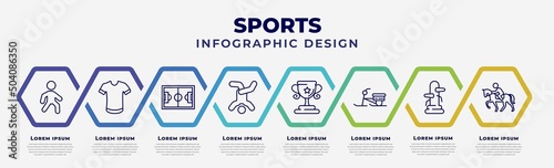 vector infographic design template with icons and 8 options or steps. infographic for sports concept. included pedestrian walking, short sleeves, football pitch, breakdancing dancer, sport trophy, photo