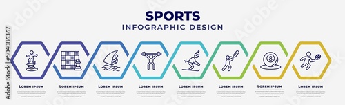 vector infographic design template with icons and 8 options or steps. infographic for sports concept. included man balancing, game board, windsurf sea, man lifting weight, skiing down hill, bats