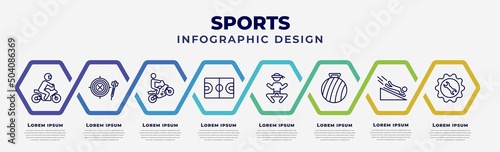 vector infographic design template with icons and 8 options or steps. infographic for sports concept. included motorbike riding, dartboard with dart, motocross, basketball court, wushu, exercise