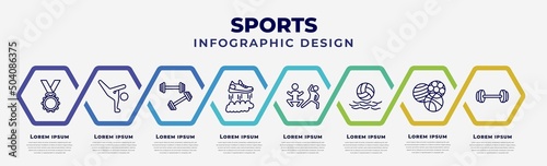 vector infographic design template with icons and 8 options or steps. infographic for sports concept. included golden medal, capoeira, weighted bars, flying shoes, excercise, waterpolo, balls, gym