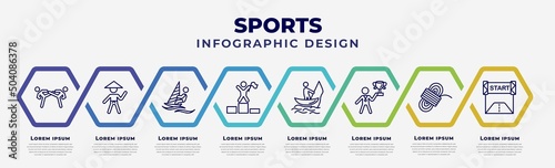 vector infographic design template with icons and 8 options or steps. infographic for sports concept. included two judo fighters, sesei, man windsurfing, number one athlete, fishing man, man award,