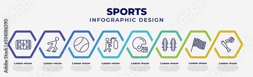 vector infographic design template with icons and 8 options or steps. infographic for sports concept. included hockey arena, ice skating, tennis sport ball, man punching, baseball helmet, shin