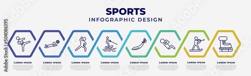 vector infographic design template with icons and 8 options or steps. infographic for sports concept. included karate fighter, volleyball motion, stretching, jet surfing, saber, man doing pushups,