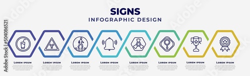 vector infographic design template with icons and 8 options or steps. infographic for signs concept. included drink, radiation, crossing, alarm, toxic, male gender, classroom cup, premium badge.