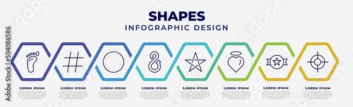 vector infographic design template with icons and 8 options or steps. infographic for shapes concept. included human foot prints, hash key, blank circle, , morning star, pure love, trademark, focus