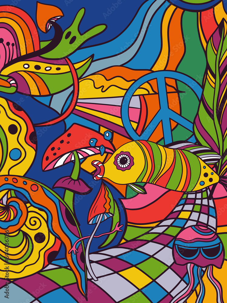 Obraz premium Vector retro colorful psychedelic poster in 1970s style