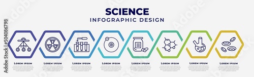 vector infographic design template with icons and 8 options or steps. infographic for science concept. included oscillation, radiation, blood test, electron, medicines, molecules, beaker, cells.