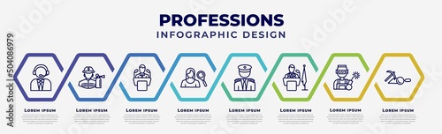 vector infographic design template with icons and 8 options or steps. infographic for professions concept. included callcenter, fireman, politician, hr specialist, captain, president, welder,