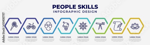 vector infographic design template with icons and 8 options or steps. infographic for people skills concept. included tennis player, cyclist, empathy, creativity, boat rudder, antique telescope,