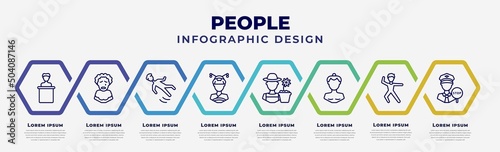vector infographic design template with icons and 8 options or steps. infographic for people concept. included speaker in a conference, pierrot, slide down, japan geisha, garderner, sumo fighter,