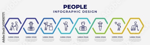 vector infographic design template with icons and 8 options or steps. infographic for people concept. included help the elderly, sir, sculptor working, waving goodbye, business suit, man giving a