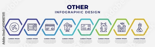 vector infographic design template with icons and 8 options or steps. infographic for other concept. included arrowup, microvawe, money card, smarthome, sea business card, lucky cat toy, church with