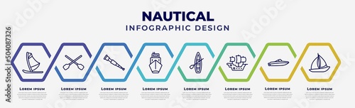 vector infographic design template with icons and 8 options or steps. infographic for nautical concept. included windsurf board, seaworthy, spyglass, ballast, skiff, caravel, speedboat, windsail.