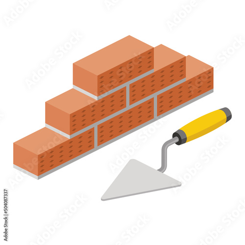 Brick wall masonry, spatula. Vector 3d line isometric, color web icons, new flat style. Creative design idea for infographics.