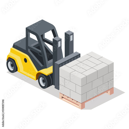 Foam blocks on pallet, loader machine. Vector 3d line isometric, color web icons, new flat style. Creative design idea for infographics.
