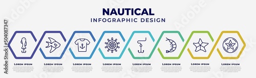vector infographic design template with icons and 8 options or steps. infographic for nautical concept. included fish shaped bait, fish facing right, shirt, helm, double bait, prawn facing left, big