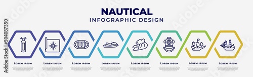 vector infographic design template with icons and 8 options or steps. infographic for nautical concept. included oxygen tank, nautical map, rubber raft, facing right, ocean waves, diving helmet,