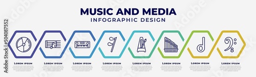 vector infographic design template with icons and 8 options or steps. infographic for music and media concept. included dvd disc, quaver, synthesizer, semiquaver, metronome, panpipe, minim, octave