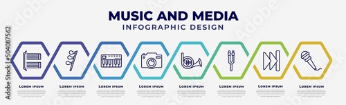 vector infographic design template with icons and 8 options or steps. infographic for music and media concept. included bracket, thirty second note rest, music keyboard, photo camera, french horn,