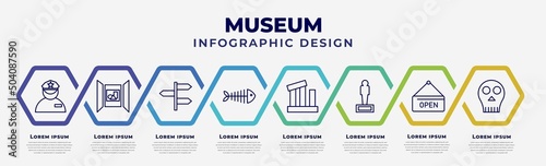 vector infographic design template with icons and 8 options or steps. infographic for museum concept. included security guard, exhibition, , fishbone, relics, statue, open, anthropology.