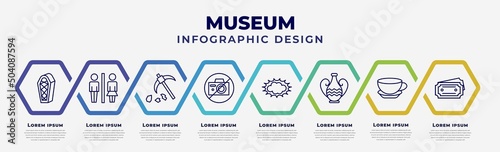 vector infographic design template with icons and 8 options or steps. infographic for museum concept. included sarcophagus, restroom, geological, no photo, pop art, ceramic, cafe, museum ticket.