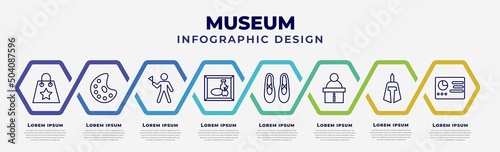 vector infographic design template with icons and 8 options or steps. infographic for museum concept. included souvenir, palette, excursion, still life, ballet, information desk, roman or greek