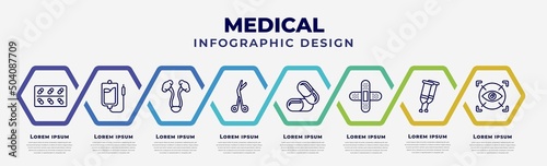 vector infographic design template with icons and 8 options or steps. infographic for medical concept. included cure, perfusion, bladder, opened medical scissors, medicine capsules, plastering,