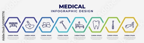 vector infographic design template with icons and 8 options or steps. infographic for medical concept. included table of treatments, medicines bowl, nurse cross, medical hammer tool, illness on bed,