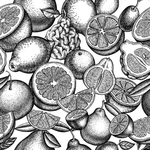 Citrus seamless pattern background design. Engraved style. Hand drawn kumquat, lemon, tangelo, etc.