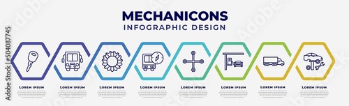 vector infographic design template with icons and 8 options or steps. infographic for mechanicons concept. included car key, bus front, bicycle sprockets, bus with compass, changing wheels tool, car