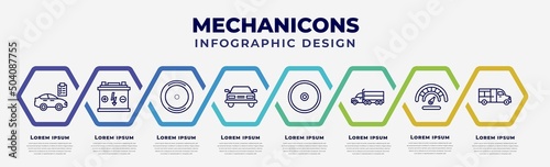 vector infographic design template with icons and 8 options or steps. infographic for mechanicons concept. included car repair check, car battery, car wheel, rectangular front, cart wheel,