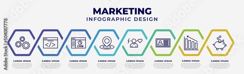 vector infographic design template with icons and 8 options or steps. infographic for marketing concept. included configuration, webcode, crm, place, behavior, id, diagrams, pig bank.