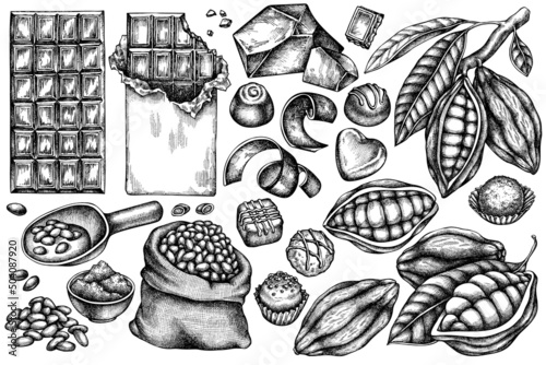 Vector set of hand drawn black and white cocoa beans, cocoa, chocolate, chocolate candies