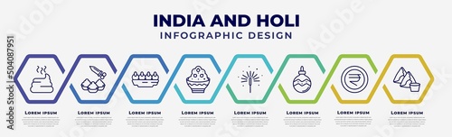 vector infographic design template with icons and 8 options or steps. infographic for india and holi concept. included dung, holi, sandesh, phirni, sparkler, ornament, nakatheng, samosa.