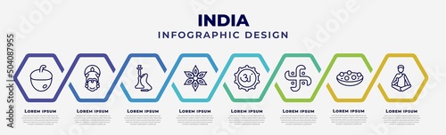 vector infographic design template with icons and 8 options or steps. infographic for india concept. included nut, kathakali, hookah, anise, marathi language, hindu, kanji vadas, guru.