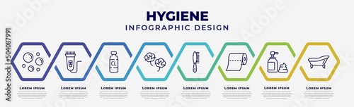 vector infographic design template with icons and 8 options or steps. infographic for hygiene concept. included bubble, electric razor, chlorine, cotton, primp, paper towel, shaving gel, bathroom.