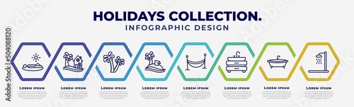 vector infographic design template with icons and 8 options or steps. infographic for holidays collection. concept. included sunbathing, beach house, palm trees, vacations, hammocks, basin,